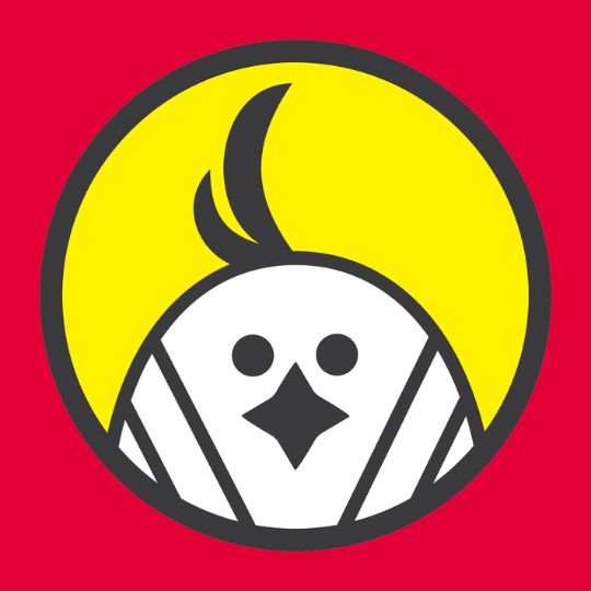 Logotipo da Faísca. Sobre um fundo vermelho, há um cículo preto, e dentro do círculo o rosto estilizado de um filhote de ave branco e de traços pretos sobre um fundo amarelo.